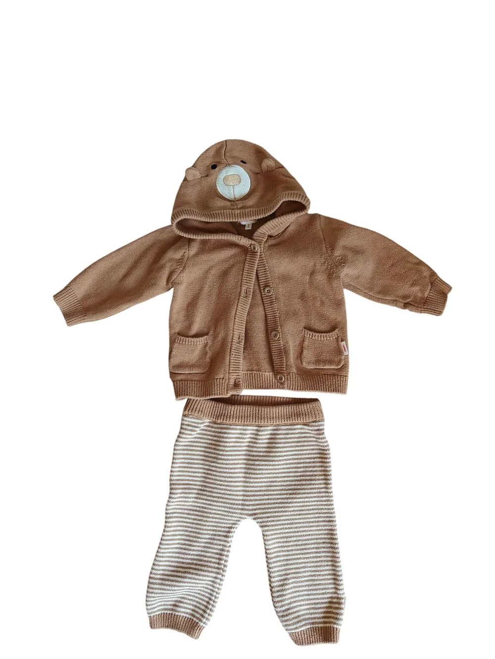 Catimini Brown Bear Hooded Knit Set Cream Striped Pants 9M